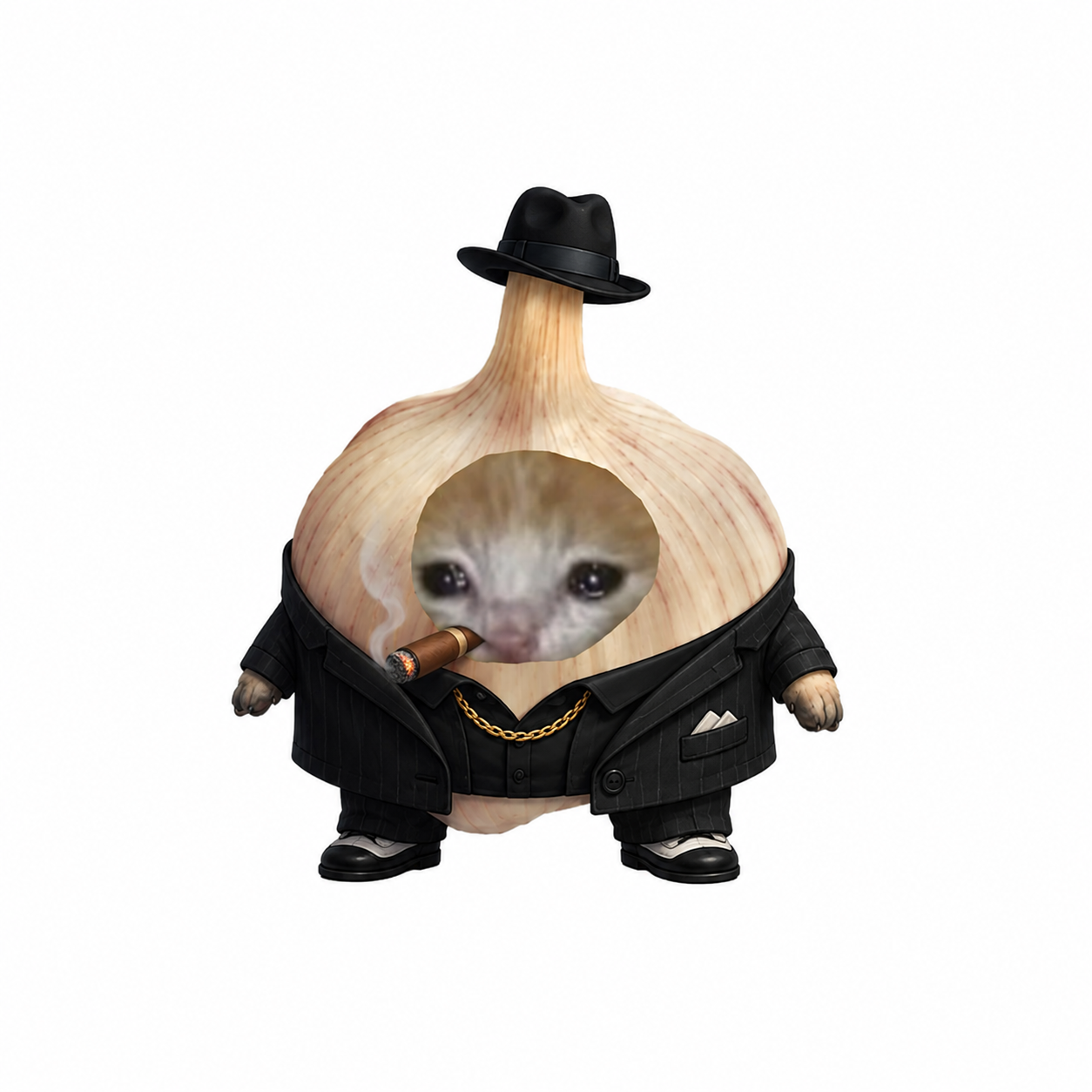Garlic Cat dressed as a mafia boss