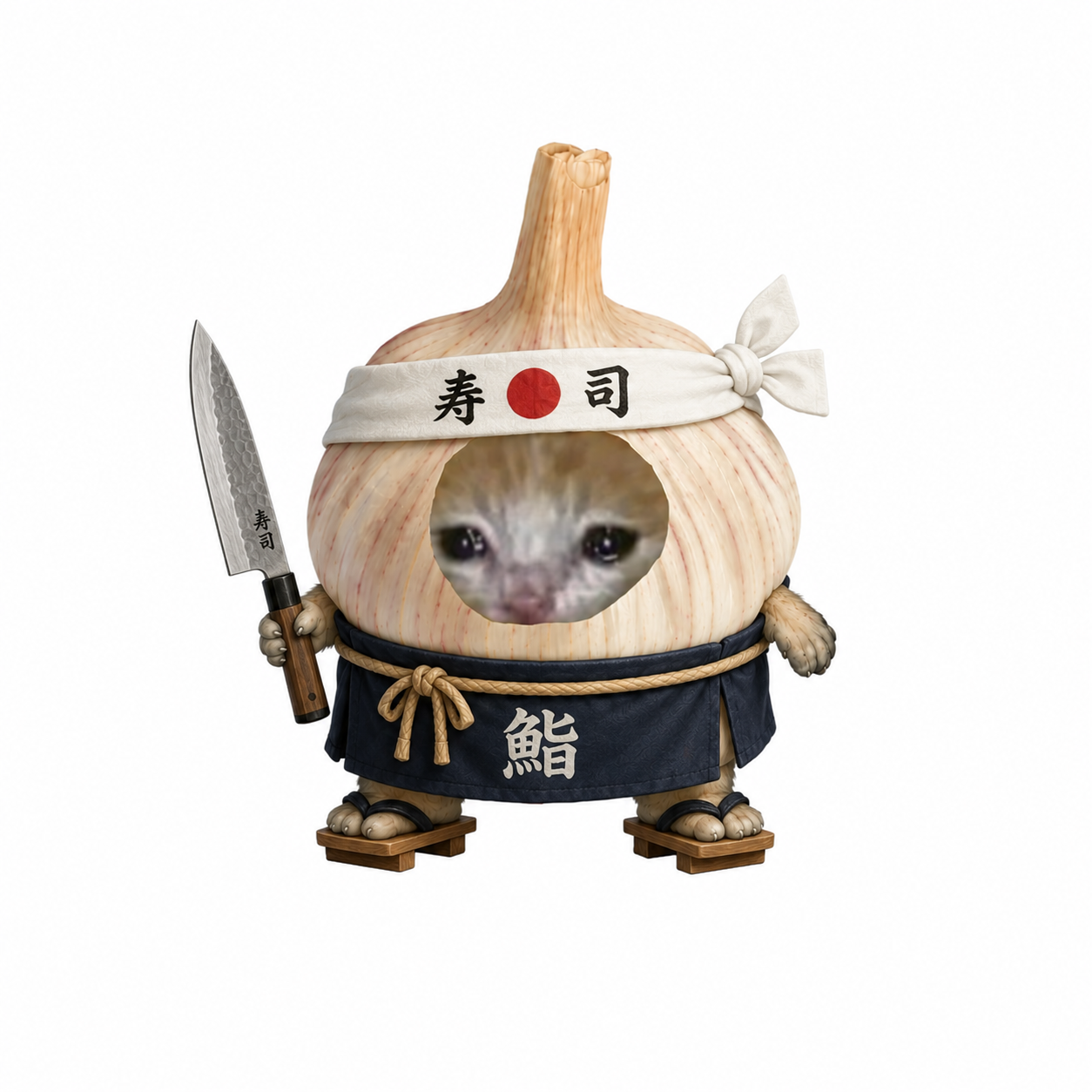 Garlic Cat dressed as a sushi chef
